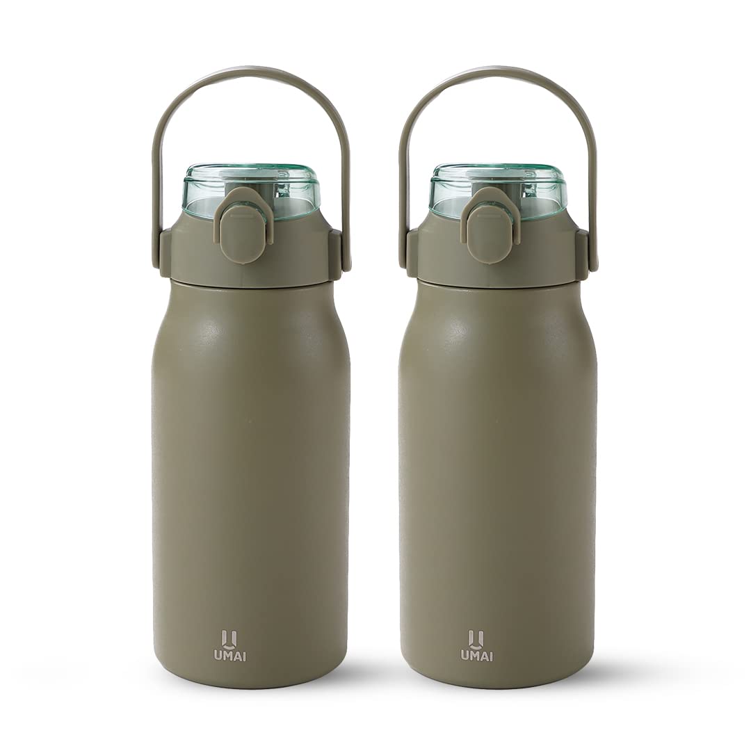 Umai Insulated Stainless Steel Bottle 1 Litre with Sipper Lid-Double Wall Vacuum Thermos|Leakproof|Rustproof|Keeps Drinks Hot/Cold for 6-12 Hours|FlipUp Handle|Easy to Carry (Pack of 2, Green)