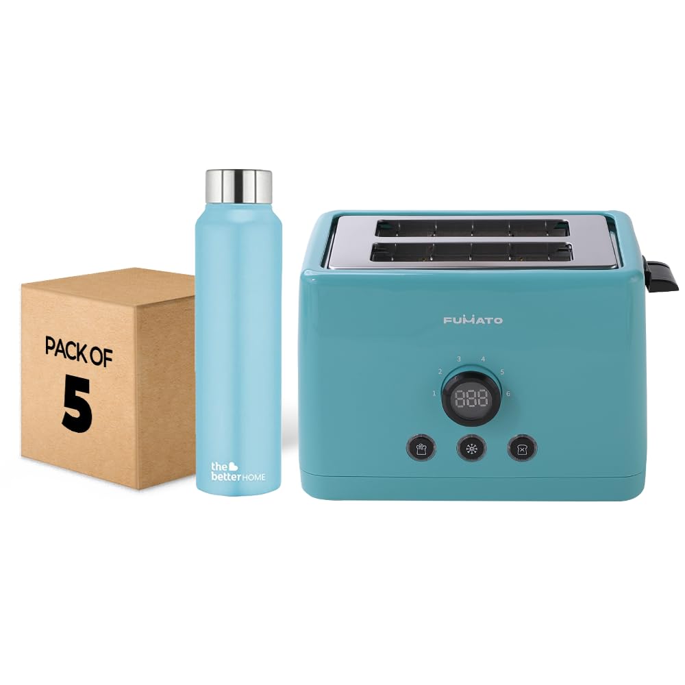 The Better Home FUMATO 1000 Watt 2 Slice Pop-up Toastmate Toaster & Stainless Steel Water Bottle 1 Litre Pack of 5 Blue