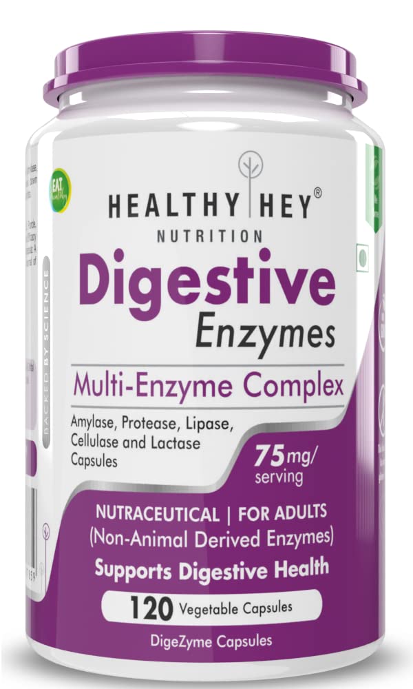 Healthy Hey Nutrition Digestive Enzymes Capsules - Amylase, Lipase, Protease, Multi-Enzyme Complex Tablet -Pack of 120 Vegetable Capsules