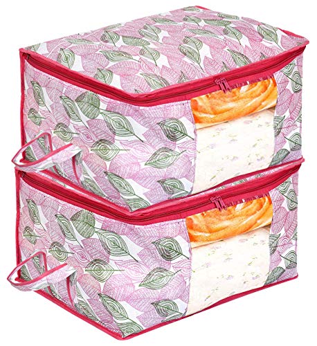 Kuber Industries Metalic Leafy Print Non Woven 2 Pieces Underbed Storage Bag,Cloth Organiser,Blanket Cover with Transparent Window (Pink)-KUBMART16615