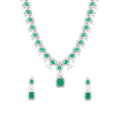 Yellow Chimes Classic Style AD/American Diamond Studded White Rhodium Plated Green Crystal Design Necklace Set Jewellery Set for Women and Girls, Medium, YCADNS-12SQRDRP-GR