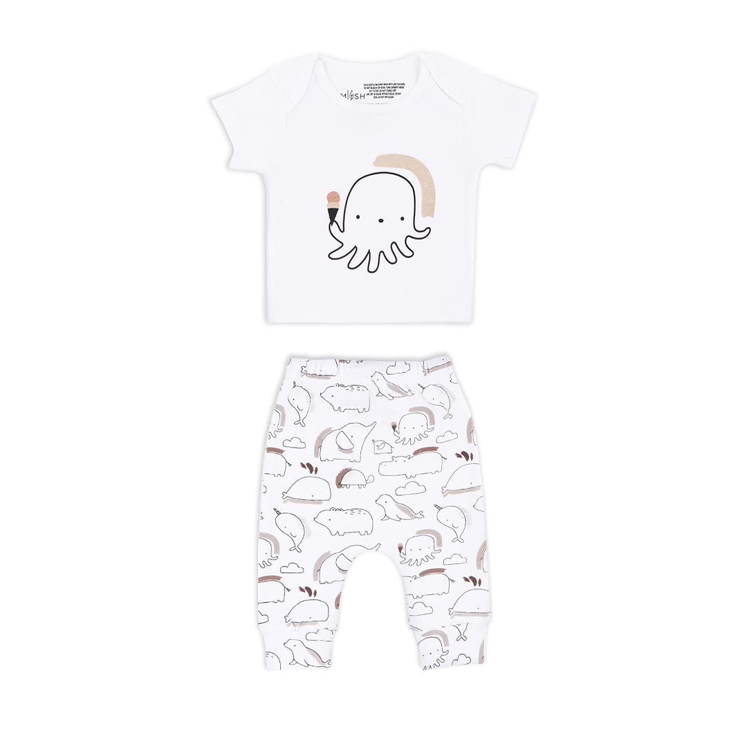 Mush Ultra Soft Bamboo Unisex Tees & Pants Combo Set for New Born Baby/Kids,Pack of 2 (3-6 Month, Marine Life)