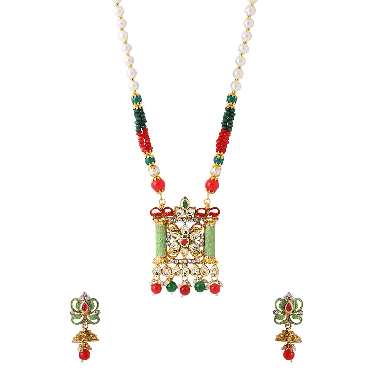 Yellow Chimes Jewellery Set For Women Long Kundan Beaded Charm Attached Necklace Set With Earrings For Women and Girls
