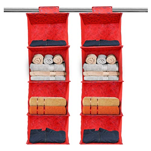 Kuber Industries Metalic Floral Print Non Woven Hanging 4 Shelves Foldable Wardrobe/Closet Cloth Organizer (Set of 2, Red)-KUBMART1166, Standard