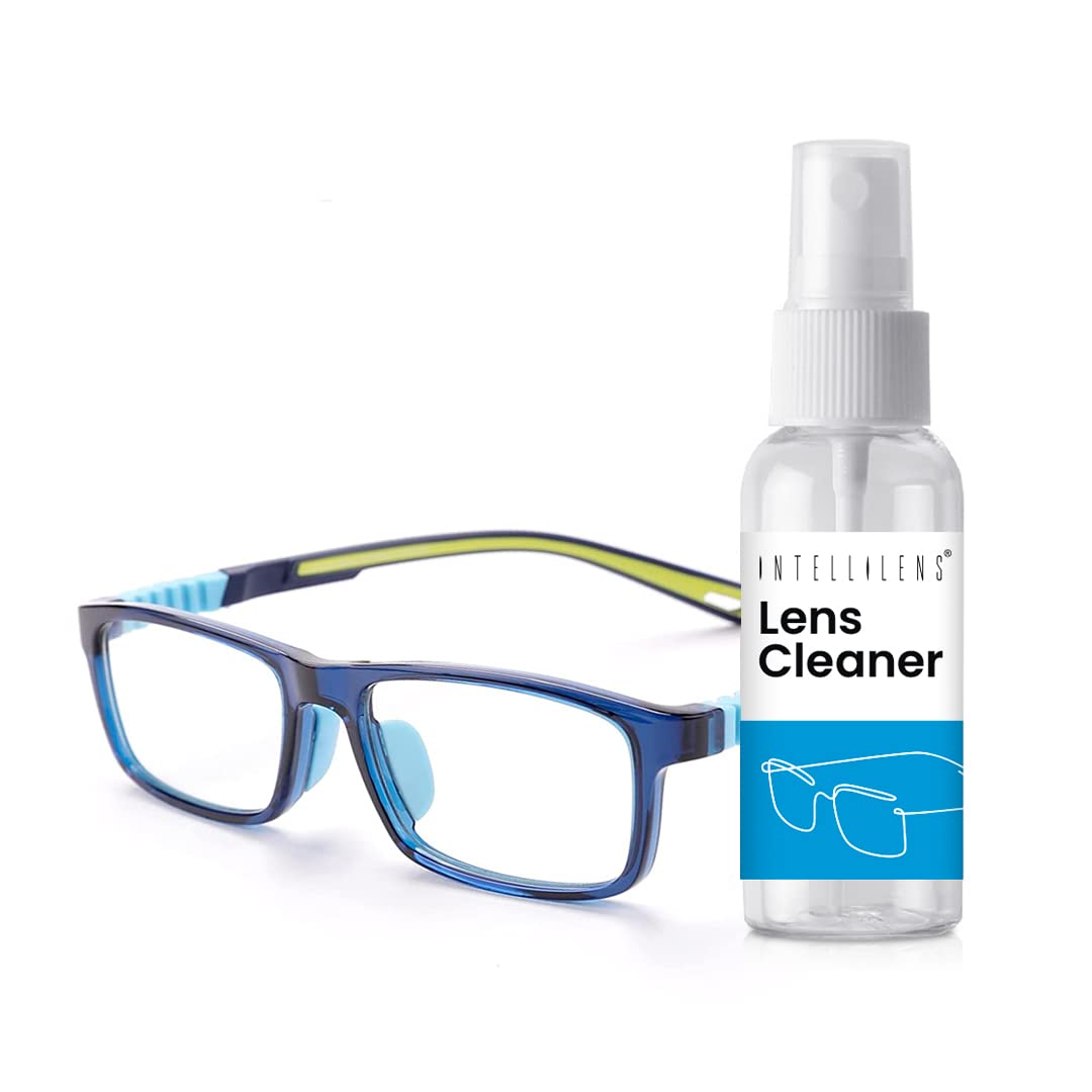 Intellilens Square Kids Computer Glasses for Eye Protection with Lens Cleaner Solution for Spectacles | Zero Power, Anti Glare & Blue Light Filter Glasses | (Blue) (49-16-130)