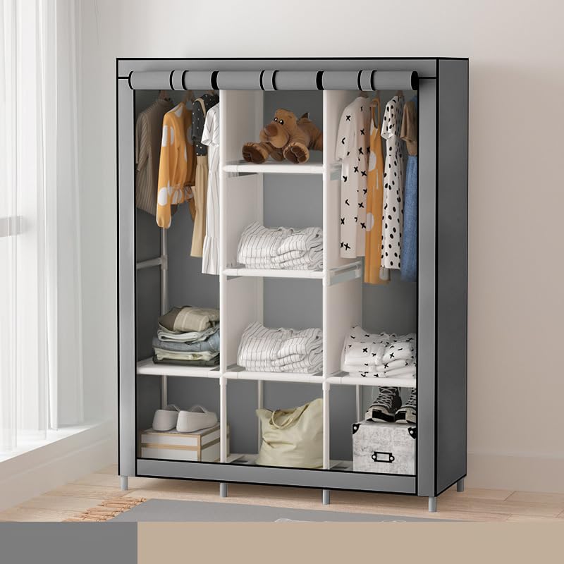 Kuber Industries Foldable Wardrobe for Clothes|Non Woven 2 Door Portable Clothes Rack|6 Shelves Almirah for Clothes (Grey)