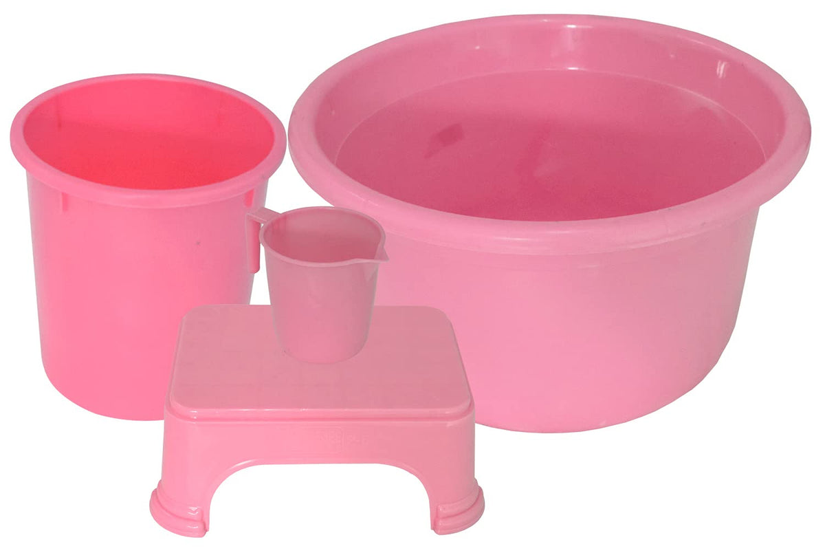Kuber Industries 4 Pieces Plastic Mug, Stool, Dustbin & Tub Set (Pink)