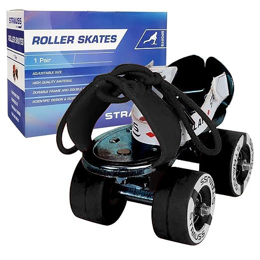 STRAUSS Unisex Senior Tenacity Roller Skates | Roller Blades for Kids | Adjustable Shoe Size | Ideal for Indoor and Outdoor Skating | Suitable for Age Group Above 6 Years | Weight Capacity 80kgs,Black