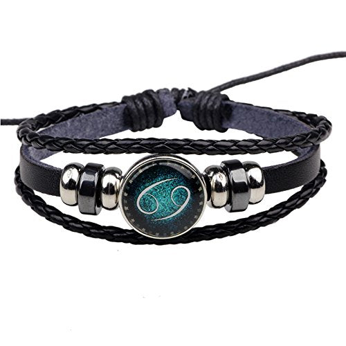 Yellow Chimes Zodiac Sign Constellation Handmade Black Leather Bracelet for Men and Women/Unisex (Cancer)