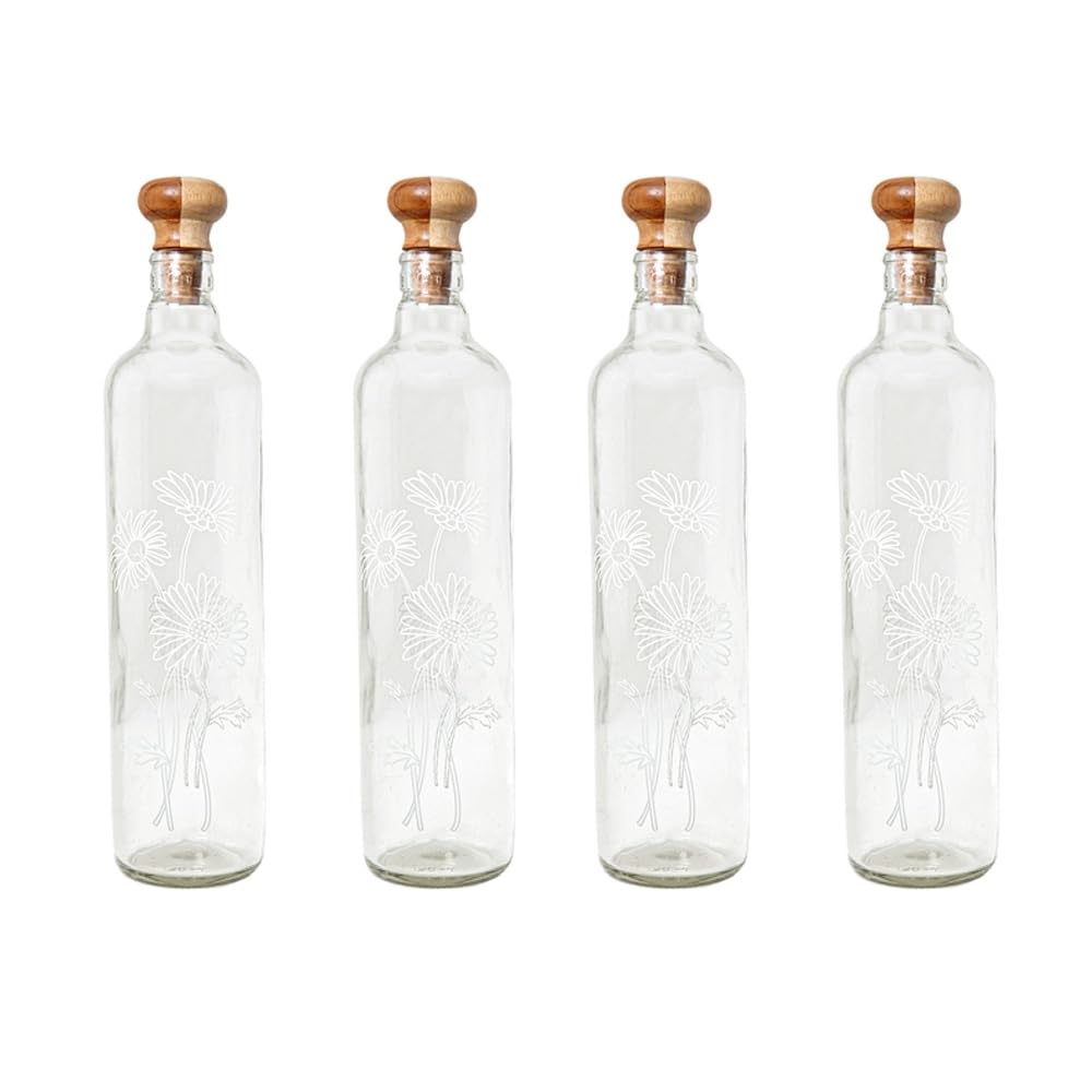 Ellementry Daisy Glass Bottle with Cork (750 ML)| Water and Milk Bottle for Fridge | Clear and Transparent Bottles for Home and Office | BPA Free | Stylish and Premium Wine Bottle- Set of 4