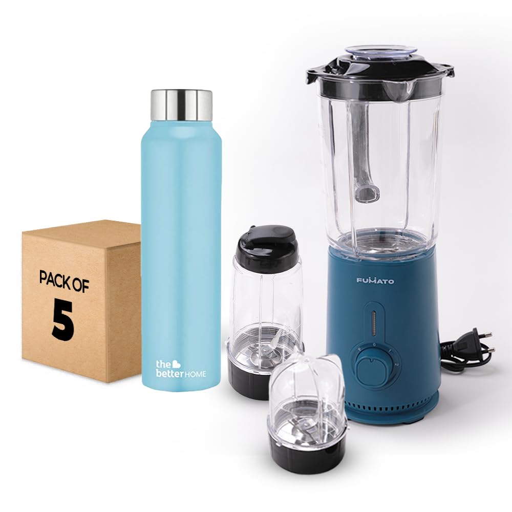 The Better Home FUMATO Quikblend Portable Nutri Blender 400W Blue & Stainless Steel Water Bottle 1 Litre Pack of 5 Blue