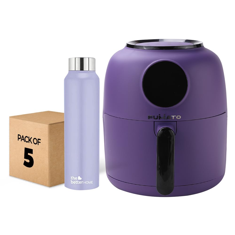 The Better Home FUMATO Aerochef Air fryer With Digital Touchscreen Panel 4.5L Purple & Stainless Steel Water Bottle 1 Litre Pack of 5 Purple