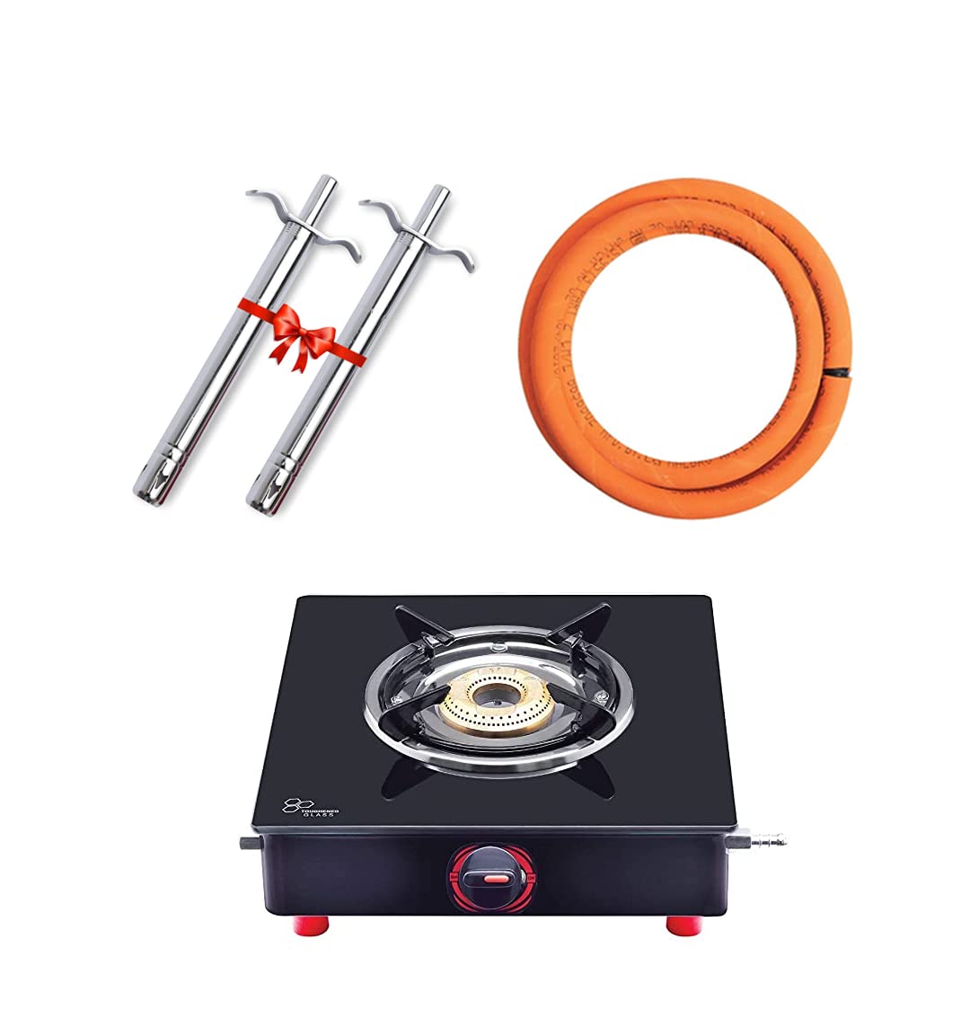 Surya Flame Smart Gas Stove 1 Burner Glass Top LPG Stove | LPG Gas Dual Layer Rubber Hose Pipe 1.5M | Chrome Stainless Steel Gas Lighter (Pack of 2)