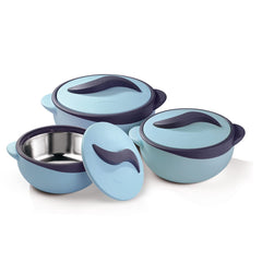 Pinnacle Parisa Inner Stainless Steel Casserole Set of 3 | 500 ml, 1000 ml, 1500 ml | Hot Case | Roti Box | Ideal as Serving Bowl with Lid | Hot Boxes for Kitchen | Blue (Blue)