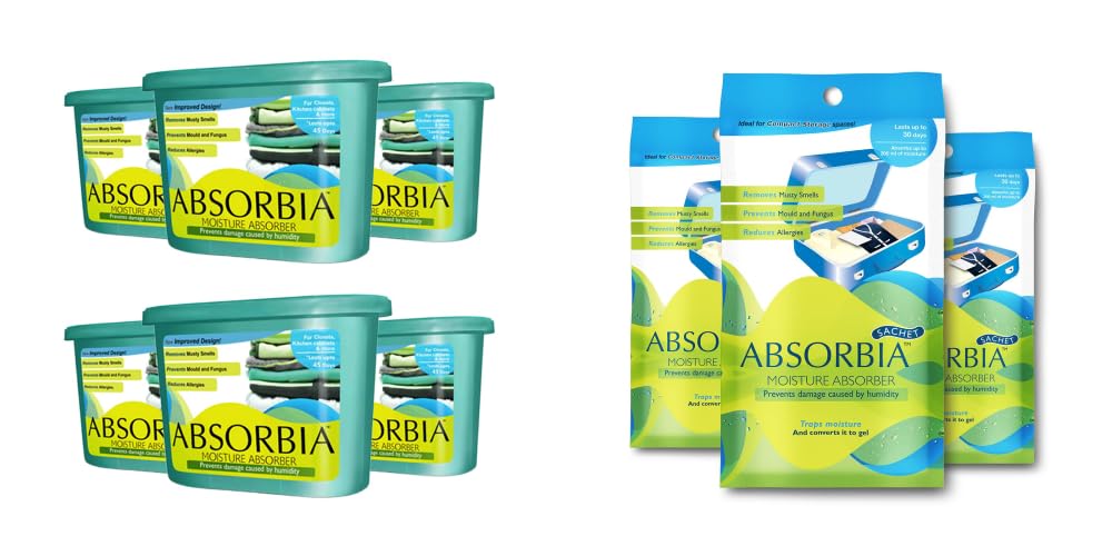 Absorbia Moisture Absorber | Absorbia Classic - Season Pack of 6 (600ml| Absorbia Moisture Absorber | Absorbia Sachet - Pack of 3 (200ml Each)| Dehumidifier for Wardrobe, Shoe racks,Cupboards & Closets