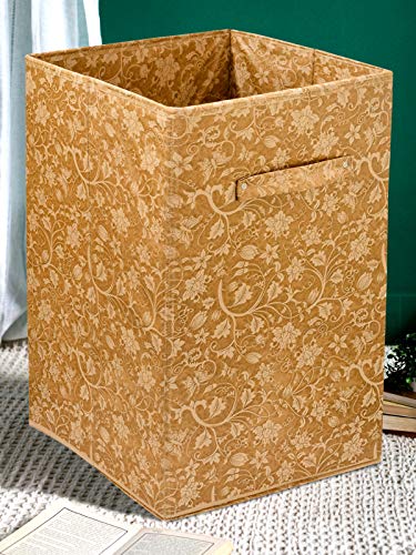 Kuber Industries Metalic Floral Print Non Woven Fabric Foldable Laundry Basket, Toy Storage Basket, Cloth Storage Basket with Handles (Beige)-KUBMART2071