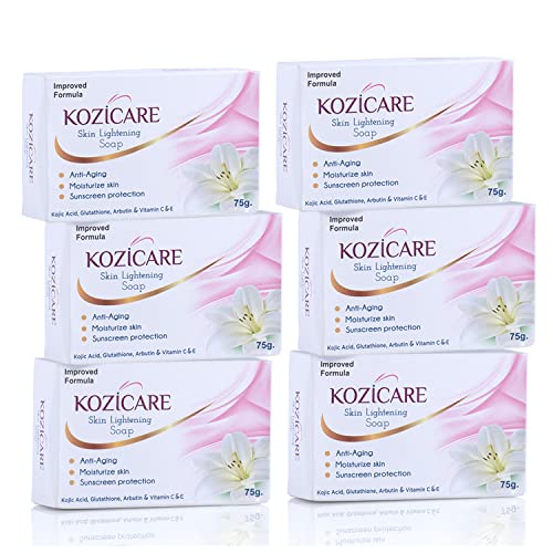 Kozicare Skin Lightening Soap, 75g (Pack of 6) Sunscreen Protection Keeps Skin Young and Moisturized Contains Goodness of 0.50% Kojic Acid, 0.50% Arbutin, 0.50% Vitamin C, 0.50% Vitamin E, 0.30% Glutathione