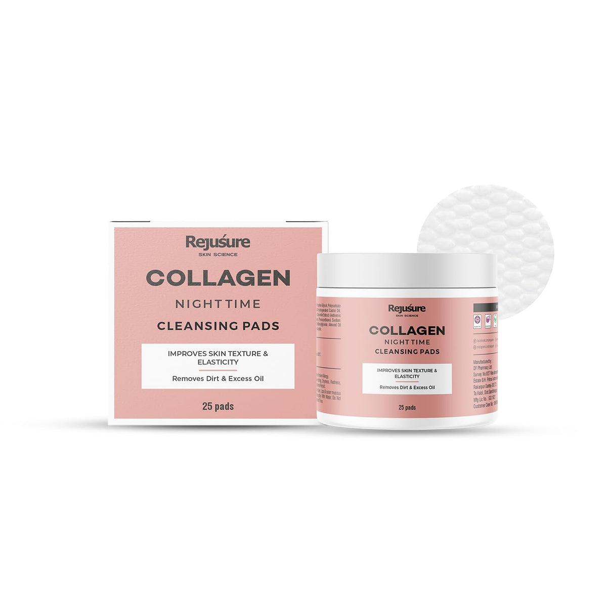 Rejusure Collagen Night Time Cleansing Pads Improves Skin Texture & Skin Elasticity Removes Dirt & Excess Oil |Enrich with Chamomile Extract, Collagen & Almond Oil | Women & Men | - 25 Pads