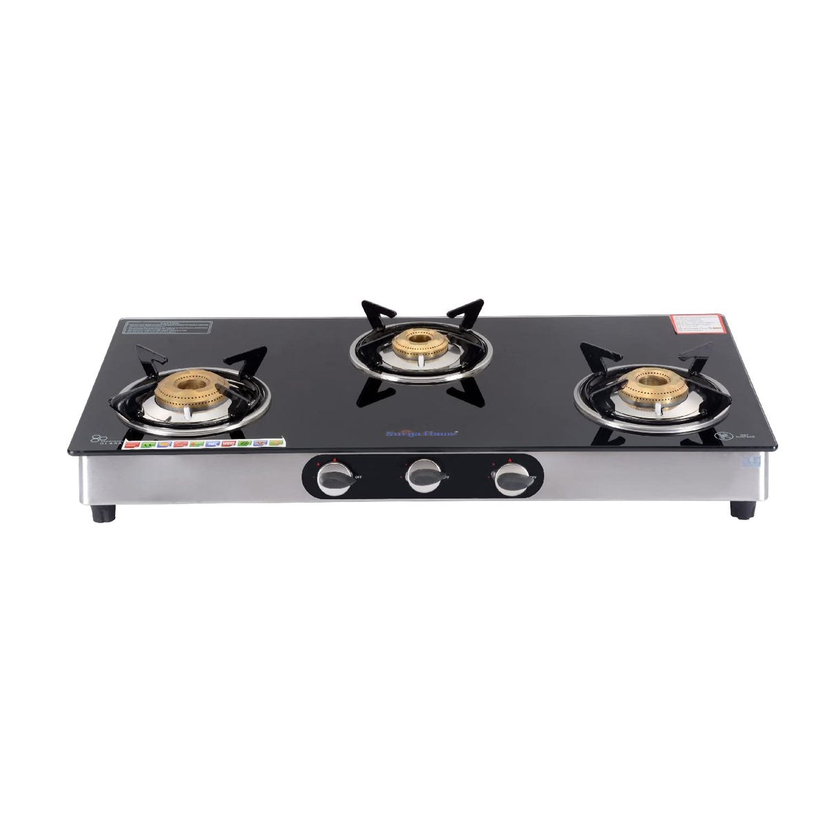 SuryaFlame Supreme Gas Stove 3 Burners Glass Top | Stainless Steel Body | LPG Stove with Jumbo Burner & Spill Proof Design - 2 Years Complete Doorstep Warranty
