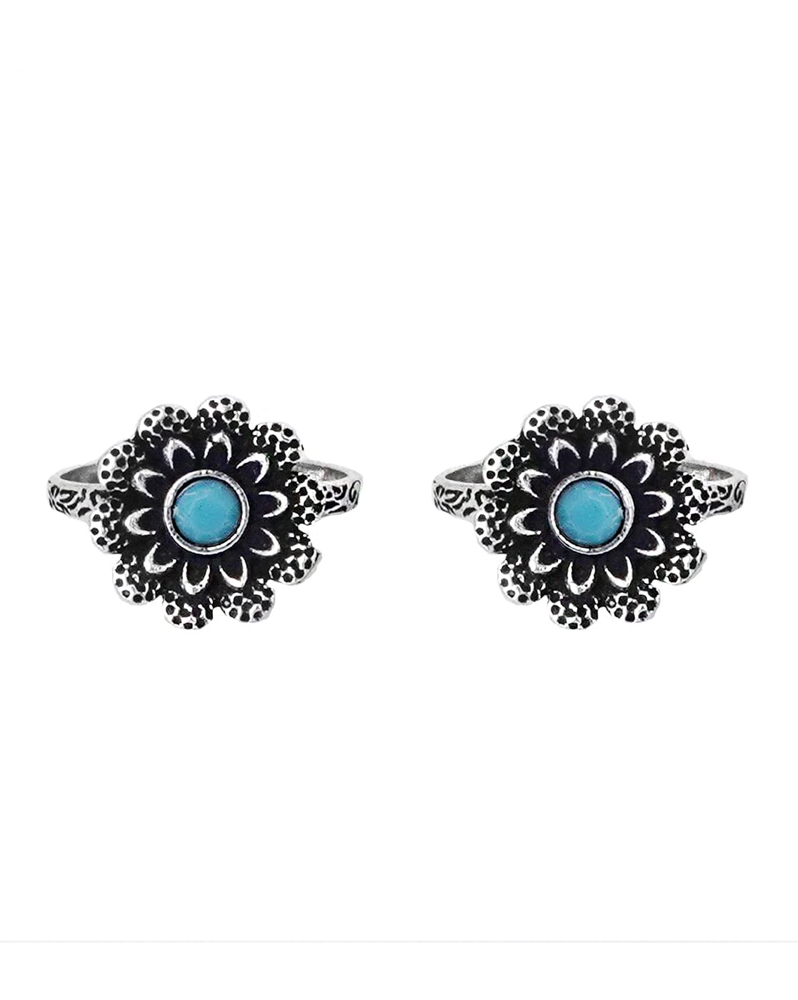 TEEJH Tishya Light Blue Stone Silver Oxidised Toe Rings for Women