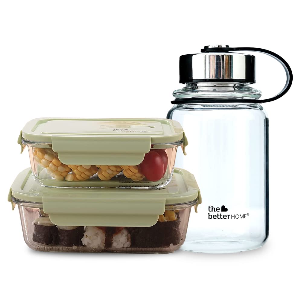 The Better Home Borosilicate Glass Lunch Box & Glass Water Bottle Set | Pack of 2 Glass Food Storage Containers (410ml,680ml) with 1 Glass Water Bottle (650ml) | Air Tight & Leak Proof