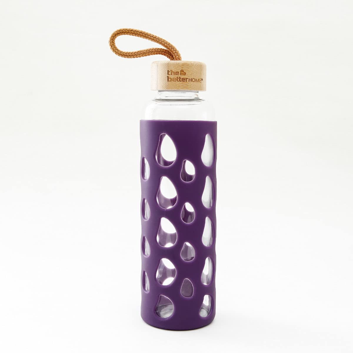 The Better Home 550 Ml Borosilicate Glass Water Bottle With Silicon Sleeve&Bamboo Lid Glass Water Bottle With Cover Water Bottle For Office For Kids Easy To Carry Loop Pack Kof 1,Purple