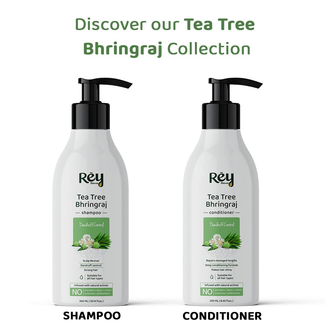 Rey Naturals Tea Tree Bhringraj Anti Dandruff Shampoo | With Natural Actives | Paraben & Sulphate Free | For a Clean & Healthy Scalp | Shampoo for Men and Women | 300 ML