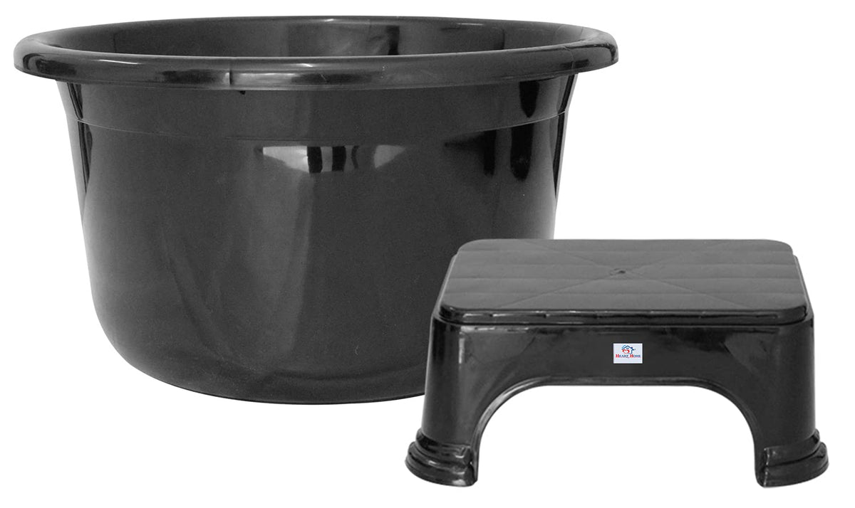 Heart Home 2 Pieces Unbreakable Virgin Plastic Multipurpose Bathroom Tub & Stool Set (Black)