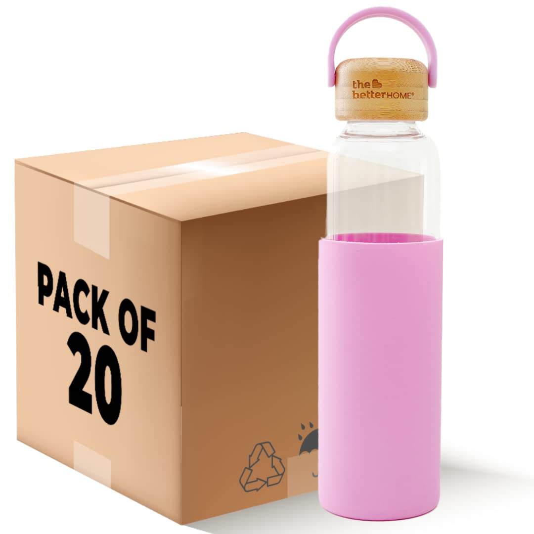 The Better Home Borosilicate Glass Water Bottle with Sleeve (500ml) | Non Slip Silicon Sleeve & Bamboo Lid | Fridge Water Bottles for Men, Women & Kids | Water Bottles for Fridge | Pink (Pack of 20)