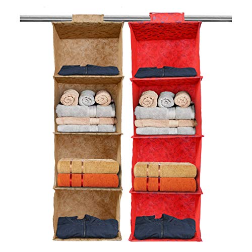 Kuber Industries Metalic Floral Print Non Woven Hanging 4 Shelves Foldable Wardrobe/Closet Cloth Organizer (Set of 2, Beige & Red)-KUBMART1169