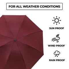 Kuber Industries 3 Fold Manual Umbrella | Windproof, Sunproof & Rainproof | With Polyester Canopy, Sturdy Steel Shaft & Wrist Straps | Easy to Hold & Carry | Umbrella for Women, Men & Kids | Red