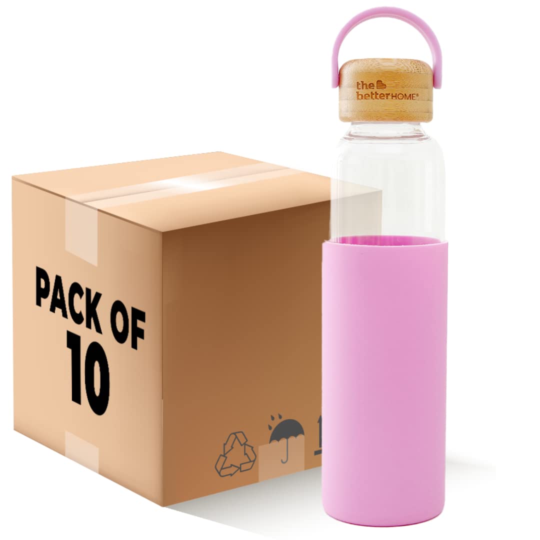 The Better Home Borosilicate Glass Water Bottle with Sleeve (500ml) | Non Slip Silicon Sleeve & Bamboo Lid | Fridge Water Bottles for Men, Women & Kids | Water Bottles for Fridge | Pink (Pack of 10)