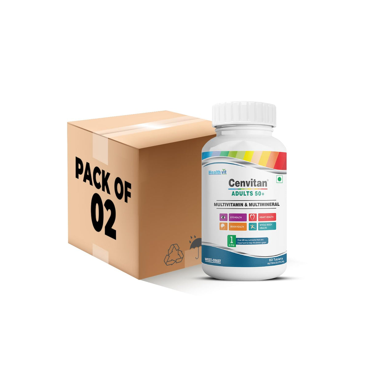 Healthvit Cenvitan Adults 50+ Multivitamin & Multimineral with 25 Nutrients (Vitamins and Minerals) | Eye Health, Heart Health, Brain Health and Whole Body Health - 60 Tablets (Pack of 2)