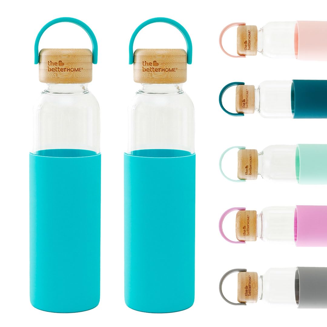 The Better Home Borosilicate Glass Water Bottle with Sleeve (500ml) | Non Slip Silicon Sleeve & Bamboo Lid | Water Bottles for Fridge | Light Blue (Pack of 2)