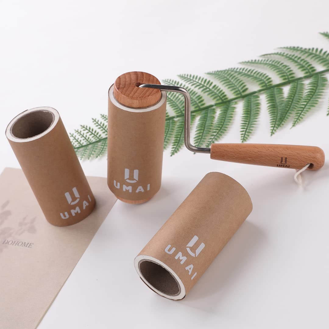 UMAI-Lint Roller for Clothes (3 Rollers + 6 Replacement Rolls - Total 540 Sheets) | Wooden Eco-friendly Lint Roller for Clothes, Pet hair, sweaters, blankets with 14 cm Width of sticky Sheet | Lint Remover
