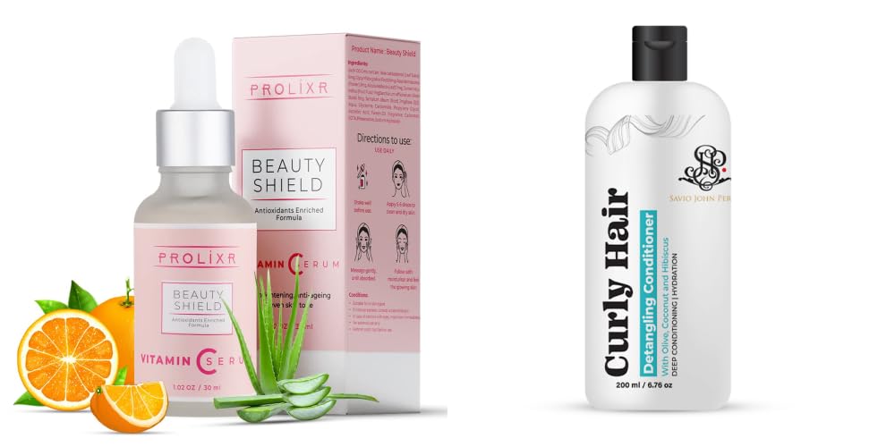 Ultimate Beauty Duo: Prolixr Beauty Shield Vitamin C Serum & Savio John Pereira's Curly Hair Conditioner | Skin Clearing Serum | Soothes Redness | Sun Damage Protection- 30ml & 200ml