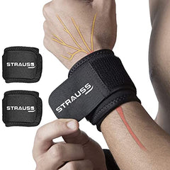STRAUSS Wrist Support for Gym, Home Exercise, Tennis, Golf & other Sports | Adjustable & Breathable with Powerful Velcro & Soft Material, Pair (Black)