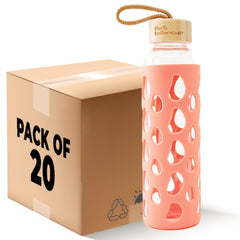 The Better Home Borosilicate Glass Water Bottle with Sleeve 550ml | Non Slip Silicon Sleeve & Bamboo Lid | Water Bottles for Fridge | Coral (Pack of 20)