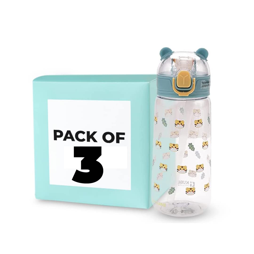 Kuber Pack of 3 Water Bottle for Kids | Printed Designs for Kids | Plastic Sipper Bottle for Kids | Food Grade Plastic | One Click Open Flip Lid | Transparent, Leak Proof, BPA Free | 420 ml
