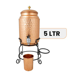Kuber Industries 5 Litre Copper Water Dispenser with Stand and Glass | BPA Free, Non-Toxic | Hammered Texture, Rustproof & Durable | With Added Health Benefits of Copper | 5L