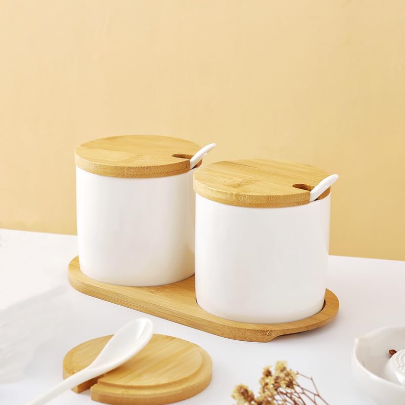 Mush Ceramic Jars Set with Bamboo Lid, Spoon and Tray|Kitchen Organizer Items and Storage | Multipurpose Condiments Container for Pickle, Sauces, Masala| 2 Pieces Kitchen Containers Set-250ml Each (2)