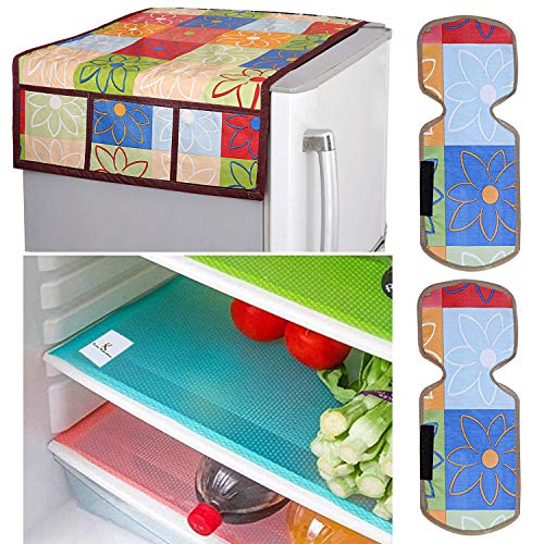 Kuber Industries Floral Design Combo PVC 3 Pieces Fridge Mats, 2 Piece Handle Cover and 1 Piece Fridge Top Cover(Multi)