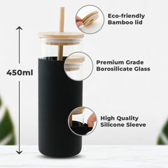 The Better Home Borosilicate Glass Tumbler with Lid and Straw 450ml | Water & Coffee Tumbler with Bamboo Straw & Lid | Leak & Sweat Proof | Durable Travel Coffee Mug with Lid (Black)