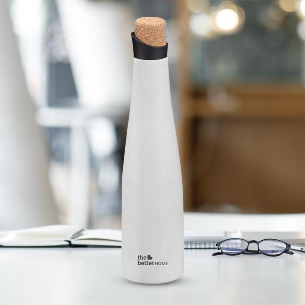 The Better Home Insulated Stainless Steel Water Bottle 750ml | 18 Hours Insulation Cork Cap - Leak Proof - Hot Cold Water | BPA Free | Office School Gym | White Bottle.