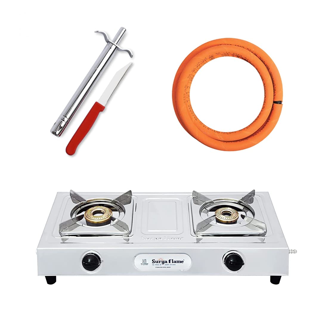 Surya Flame Venus Gas Stove 2 Burners Manual LPG Stove | LPG Gas Dual Layer Rubber Hose Pipe 1.5M | Premier Stainless Steel Gas Lighter with Knife