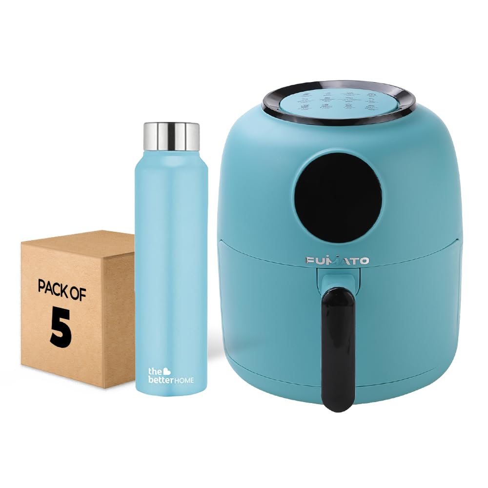 The Better Home FUMATO Aerochef Air fryer With Digital Touchscreen Panel 4.5L Light Blue & Stainless Steel Water Bottle 1 Litre, Pack of 5 Blue