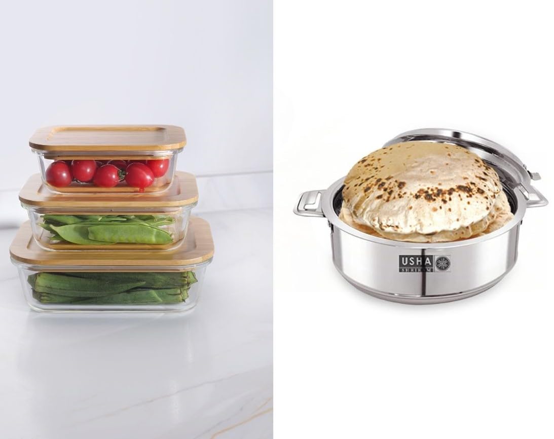 USHA SHRIRAM Borosilicate Food Container (3Pcs - 370ml, 640ml, 1050ml) & Insulated Steel Casserole (2L) |Borsilicate Glass Container For Kitchen Storage | Microwave Safe | Hot Roti Box