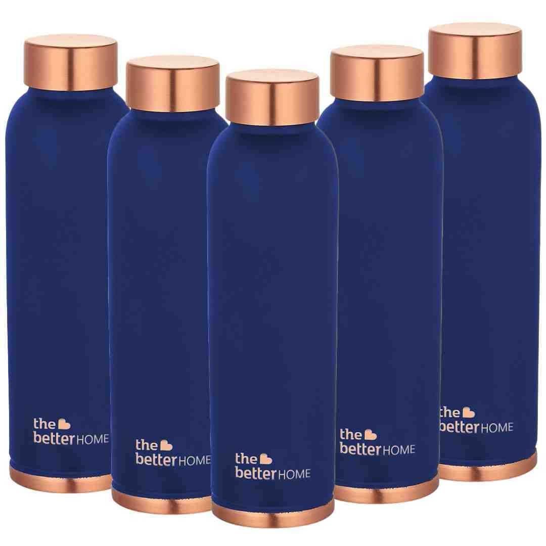 The Better Home 1000 Copper Water Bottle (900ml) | 100% Pure Copper Bottle | BPA Free & Non Toxic Water Bottle with Anti Oxidant Properties of Copper | Blue (Pack of 5)