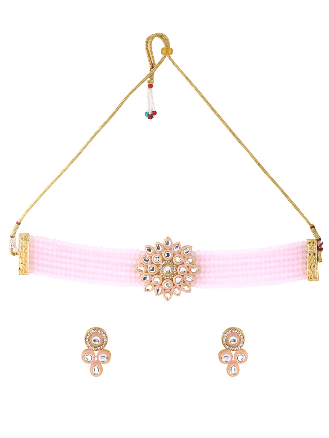 Yellow Chimes Kundan Jewellery Set for Women Ethnic Artificial Beads Pink Floral Traditional Choker Necklace Set for Women and Girls