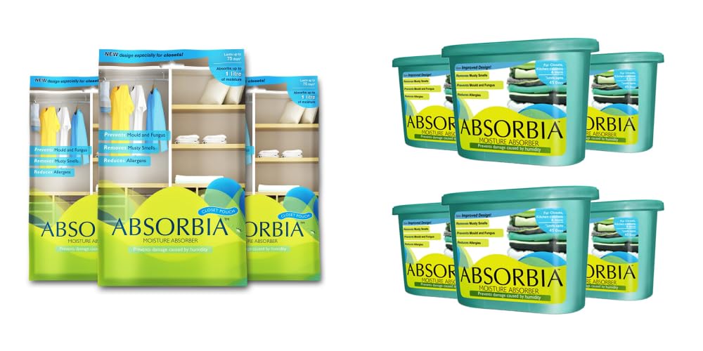 Absorbia Moisture Absorber Hanging Pouch - Family Pack of 3(440 g each) | Absorbia Classic Box - Pack of 6 (300g each)|Dehumidifier for Wardrobe, Cupboards & Closets…